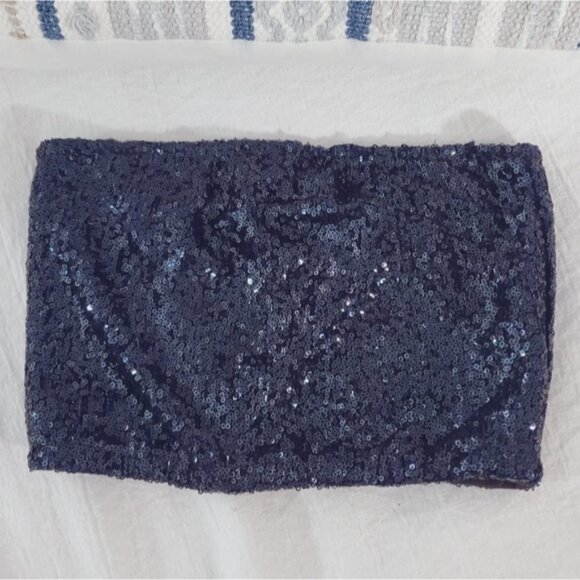 Vintage Sequin Indigo Blue Stretch Sequin Tube Top - Picture 5 of 10